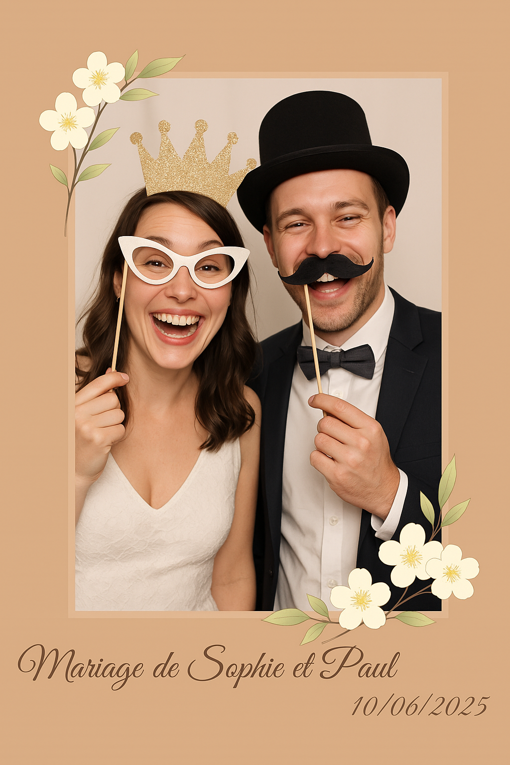Exemple de photo photobooth personnalisée - Mariage de Sophie et Paul avec cadre floral et accessoires